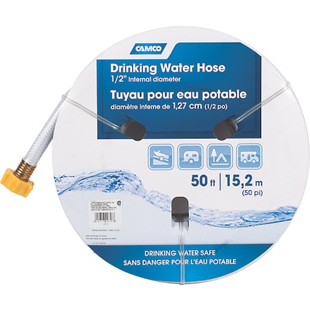 Camco 1/2 in ID x 50 ft L TastePURE Drinking Water Hose, Polyvinyl Chloride (PVC) Tube, White 22753